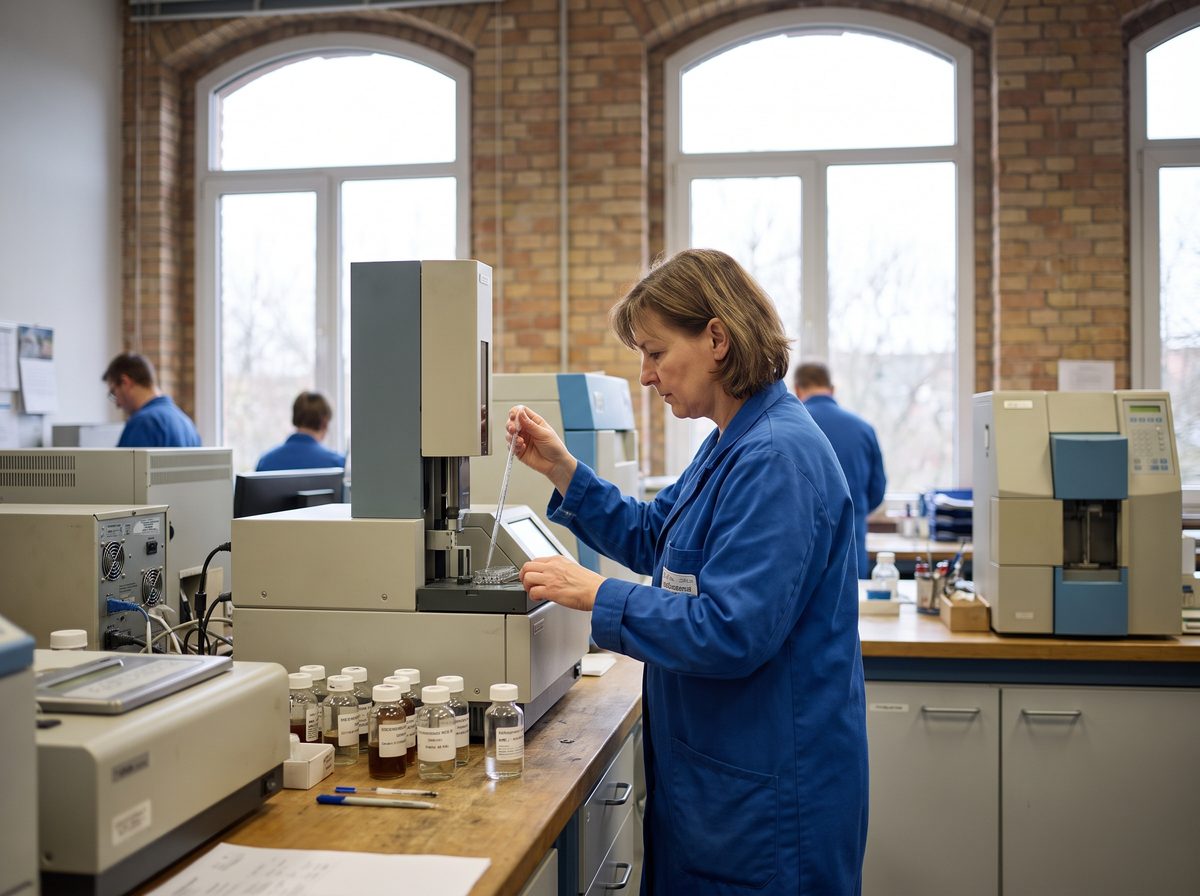 Messtechnikerin bewertet ein Bauteil an einem Messplatz