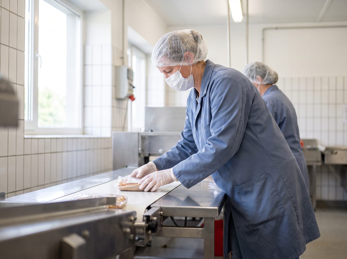 Mitarbeiter kontrolliert die Produktion in einem Lebensmittelbetrieb